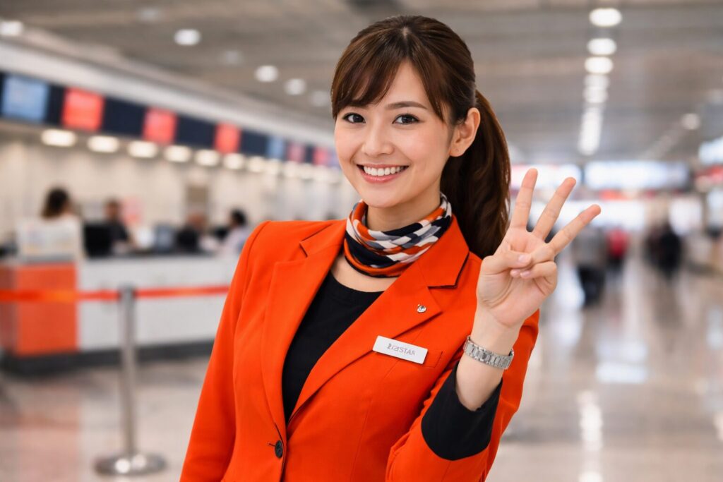 笑顔で指を3本たてるジェットスターのスタッフ