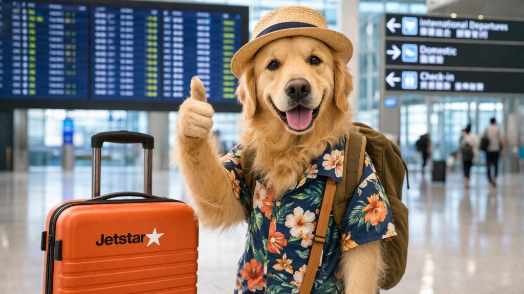 空港内で親指を立てるレトリバーの旅行客