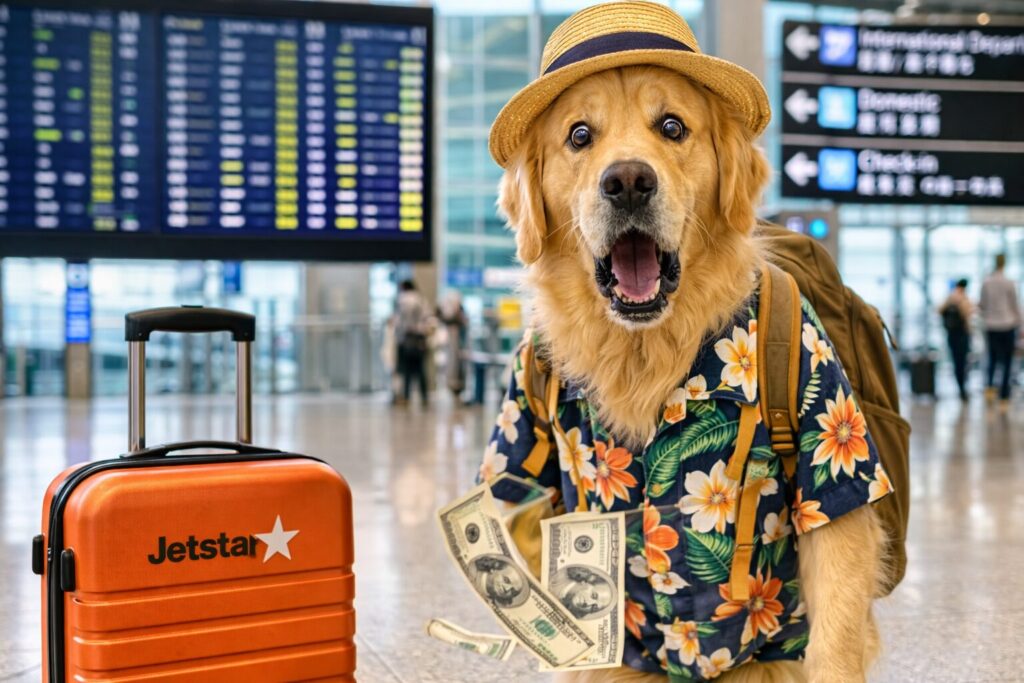 驚いてくわえていた紙幣を落とすレトリバーの旅行客