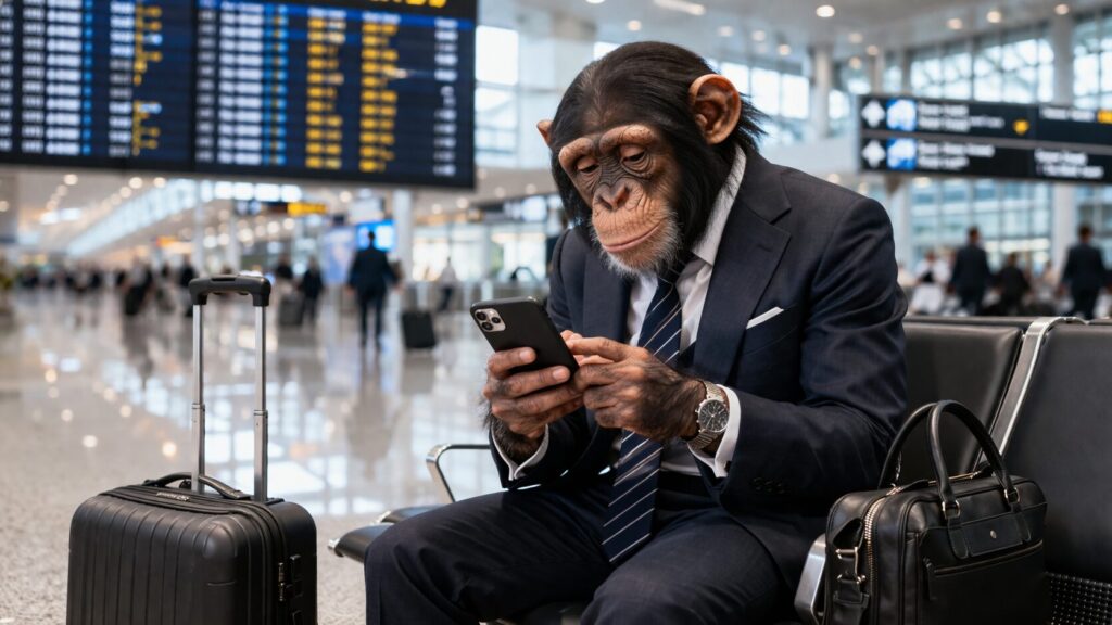 空港内でスマホをチェックするチンパンジーのビジネスマン