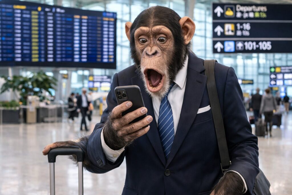 空港内でスマホの画面を見て驚くチンパンジーのビジネスマン