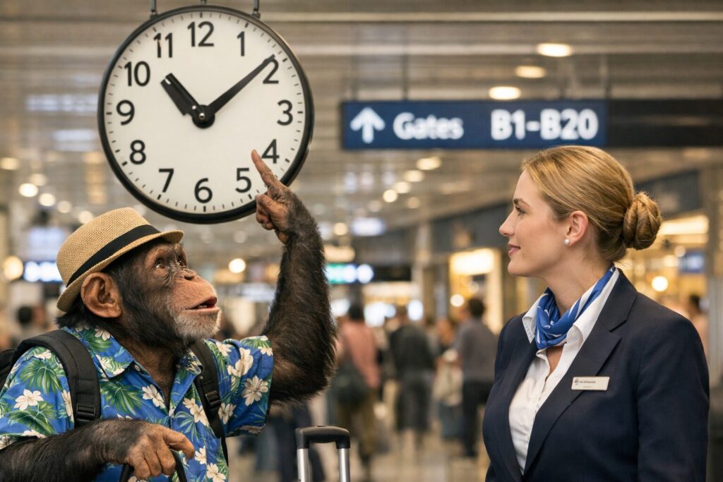 空港内の時計を指差してスタッフに質問するチンパンジーの旅行客