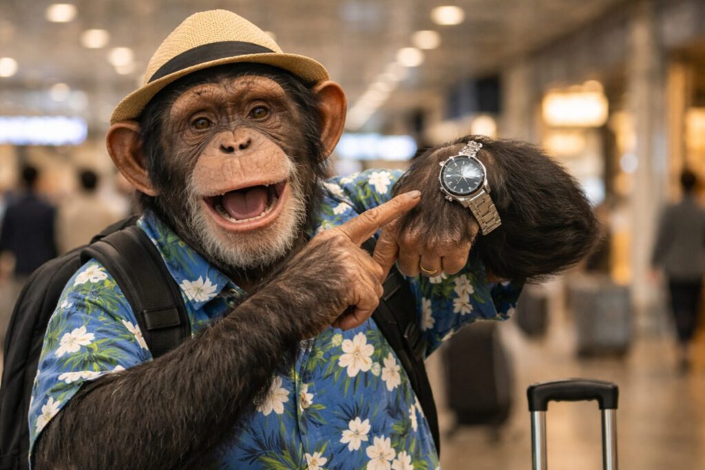 腕時計の時間を見せつけてくるチンパンジーの旅行客