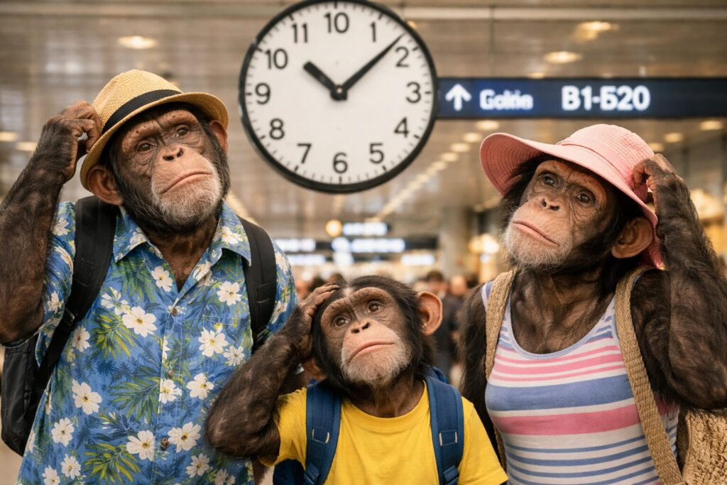 空港内の時計の前で首をかしげて悩むチンパンジーの家族