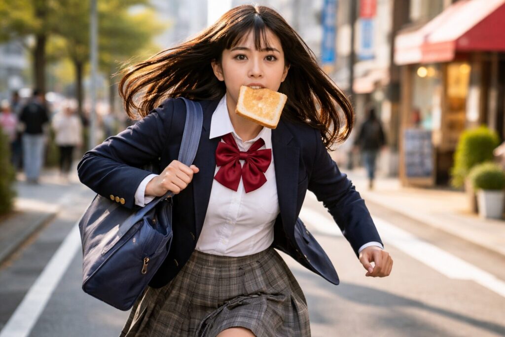 トーストをくわえて走る女子高生