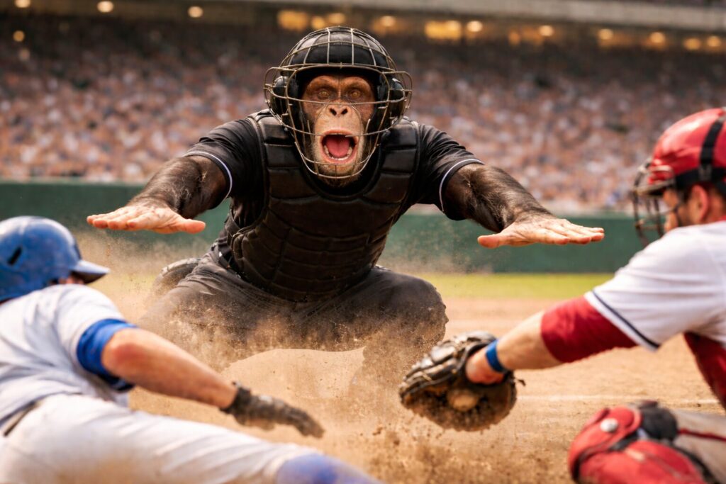 クロスプレーにセーフのジェスチャーをするチンパンジーの主審