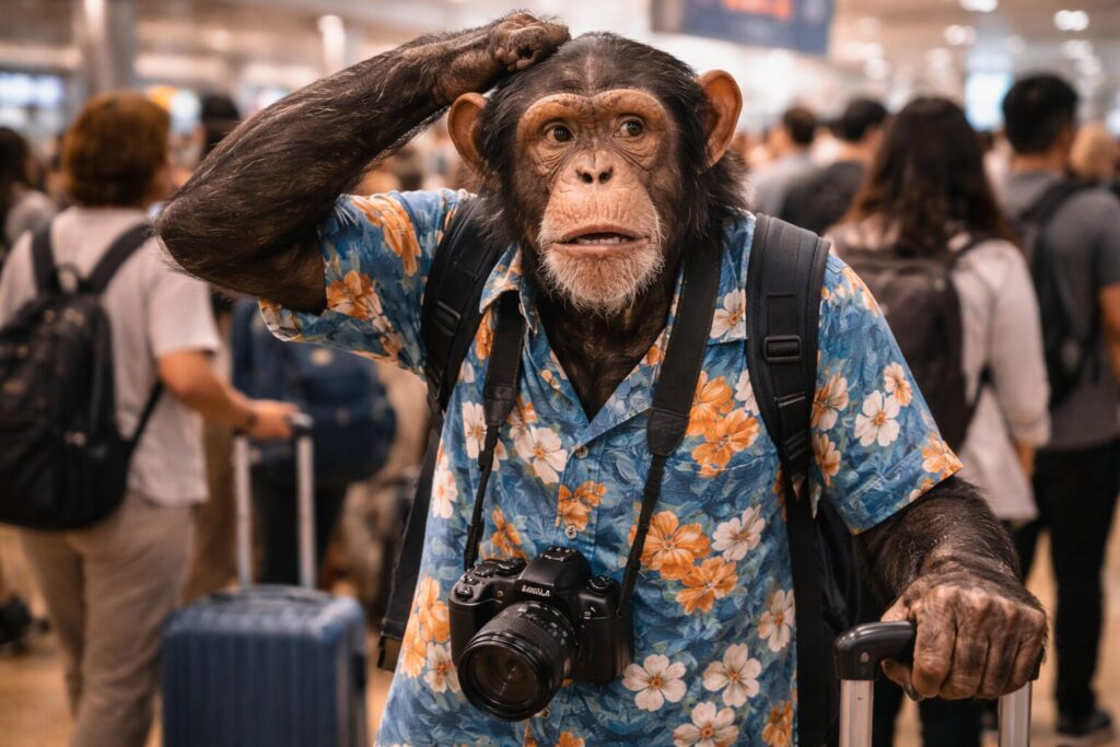 空港内の混雑に困り顔のチンパンジーの旅行客