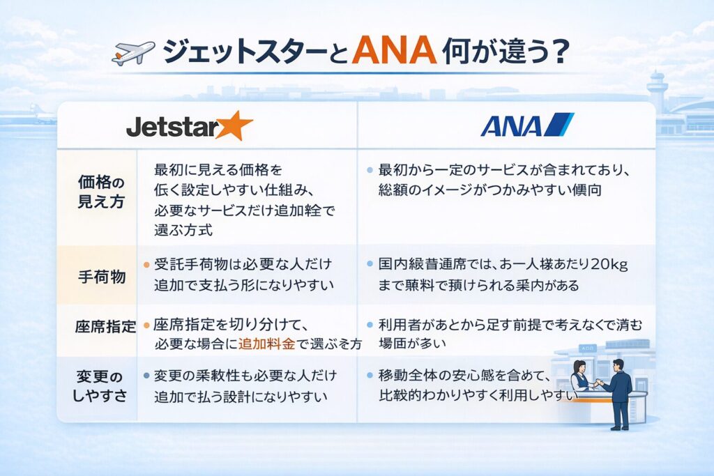 ジェットスターとANAの比較表