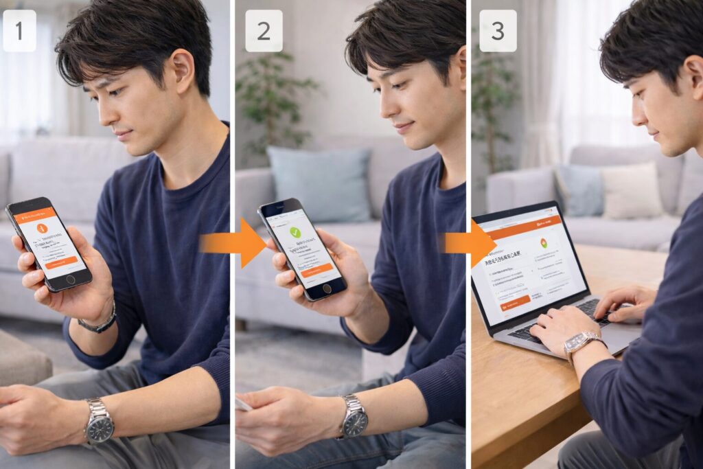 webの不具合をスマホ、PCの順に確認する男性のイメージ画像