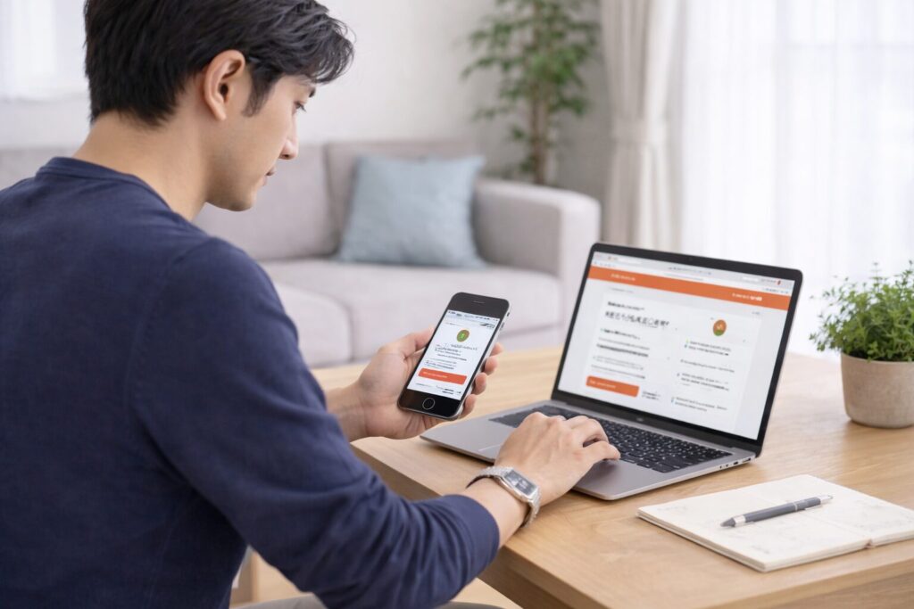 片手にスマートフォン、前方にノートパソコンを置き、アプリとWeb画面を見比べながら操作している30代前後の日本人男性