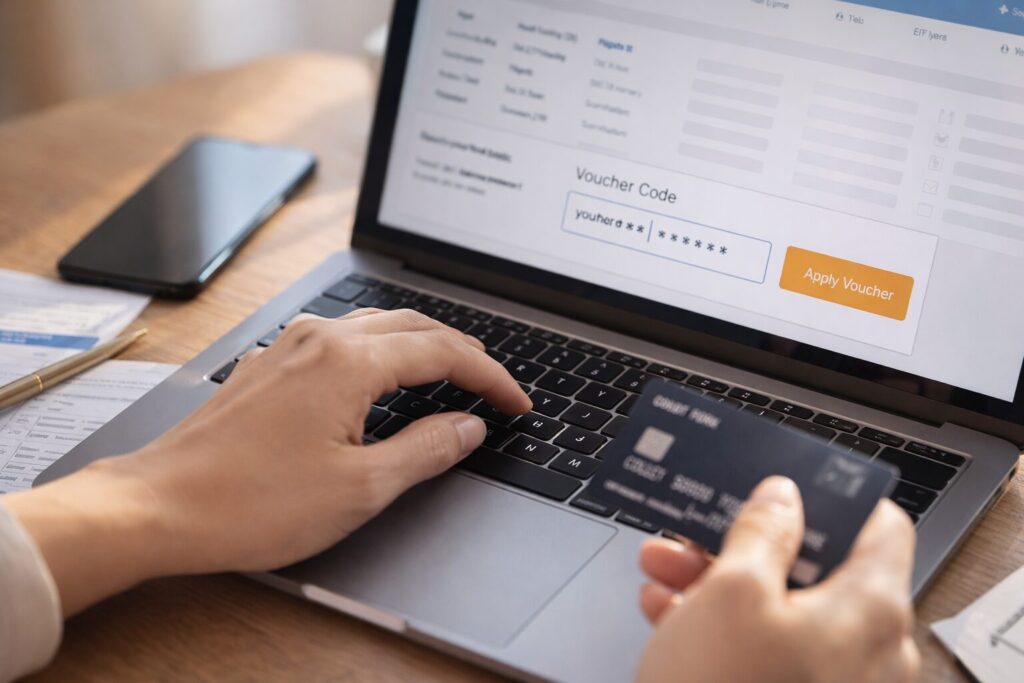 航空券予約サイトの支払い画面で、電子バウチャー番号を入力している手元のクローズアップ。