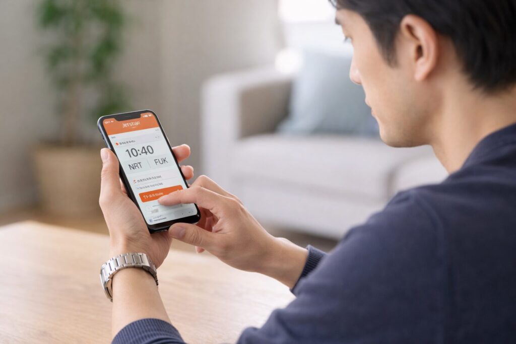 チェックイン受付時間や締切を確認している男性