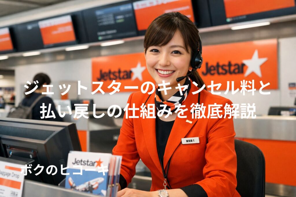 ジェットスター社のチェックインカウンターで案内する笑顔のスタッフ