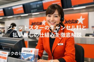 ジェットスター社のチェックインカウンターで案内する笑顔のスタッフ