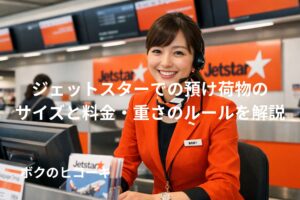 カウンターで微笑むジェットスターの女性スタッフ
