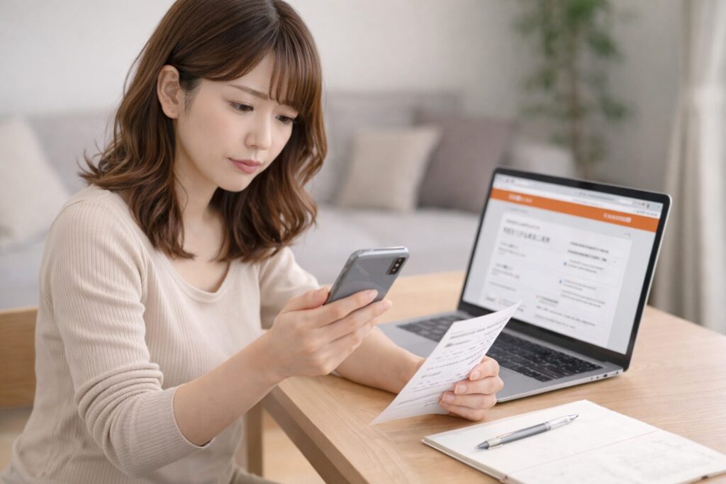 机の上でスマートフォンとノートパソコンを見比べながら予約内容を確認している30代前後の日本人女性