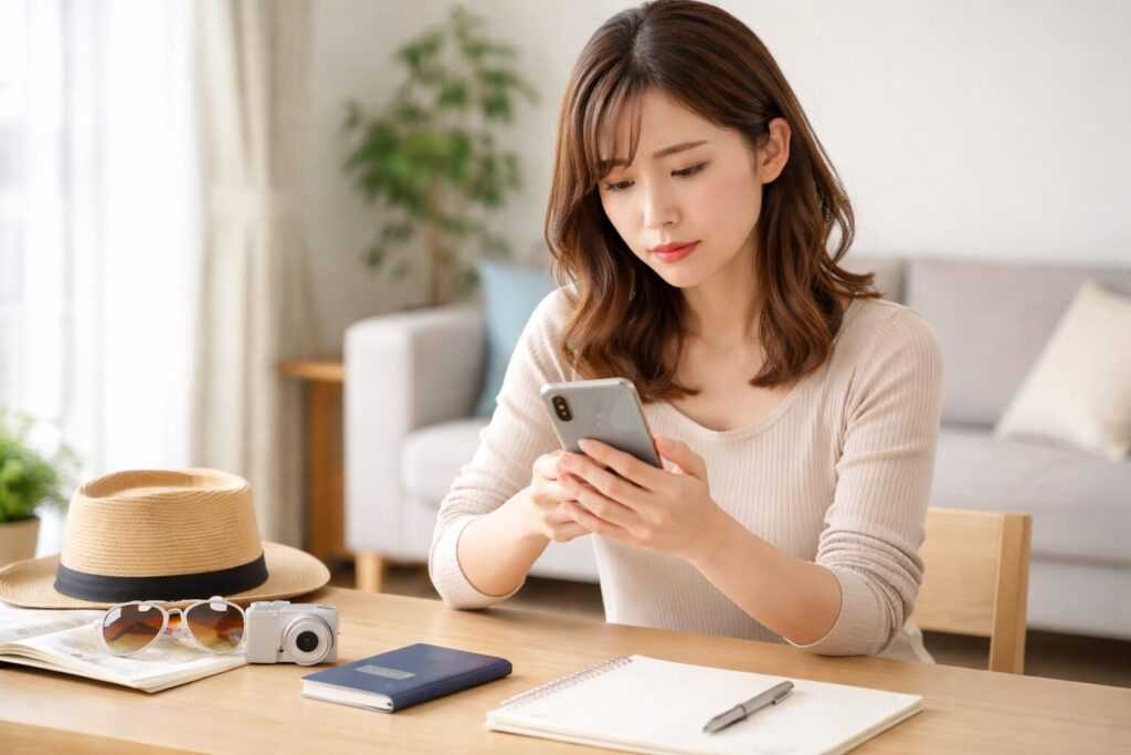 ジェットスターのオンラインチェックインができず困っている女性