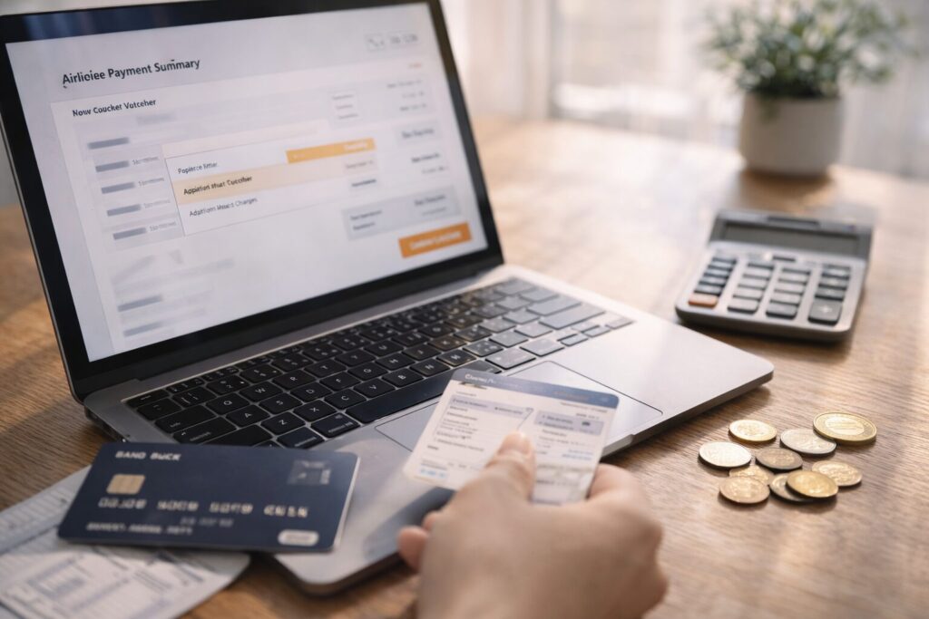 航空会社の支払い概要ページが表示されたノートパソコン。