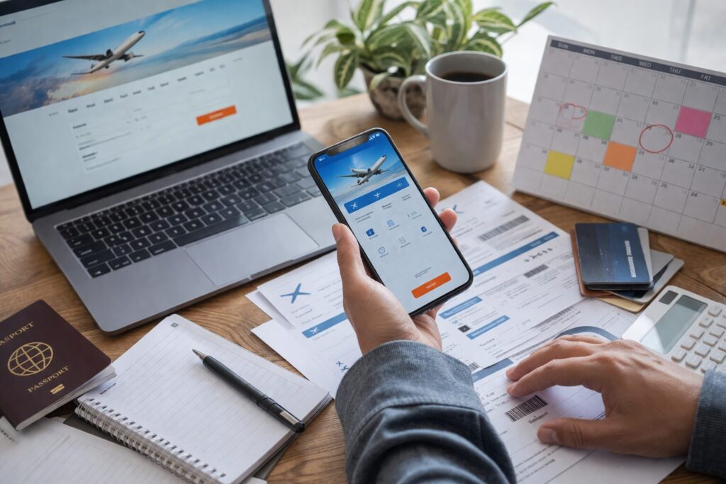 旅行予約前に内容を確認している日本人の30代男性の手元シーン