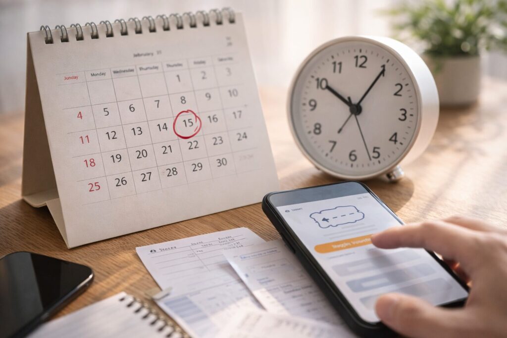 旅行用の電子バウチャーの有効期限を確認して焦るイメージ。