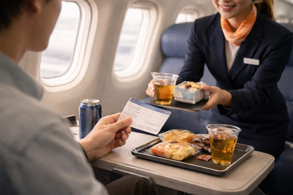 飛行中の機内で、客室乗務員から軽食と飲み物を受け取り、機内バウチャーを利用している乗客のシーン。