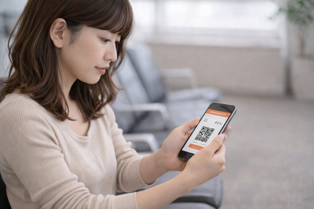 スマートフォンで座席指定やモバイル搭乗券を確認している30代前後の日本人女性