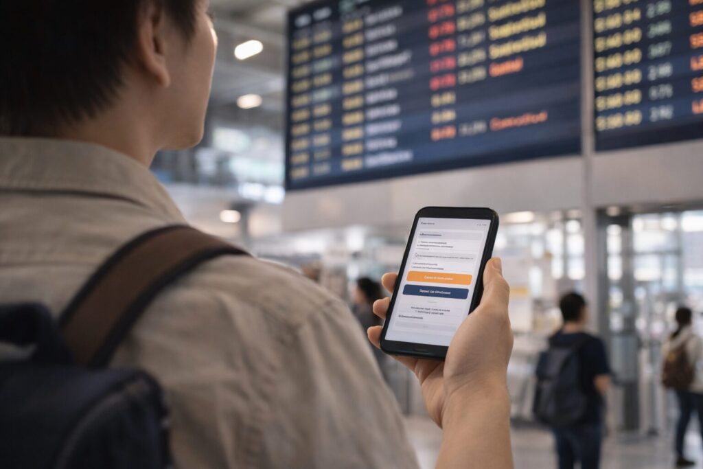 フライトキャンセル後に出発案内板を見上げる旅行者が、スマートフォンを確認している。