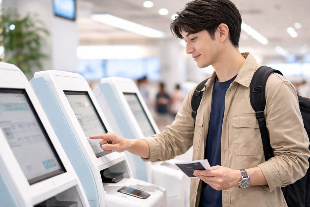 空港の自動チェックイン機を操作している30代前後の日本人男性旅行者