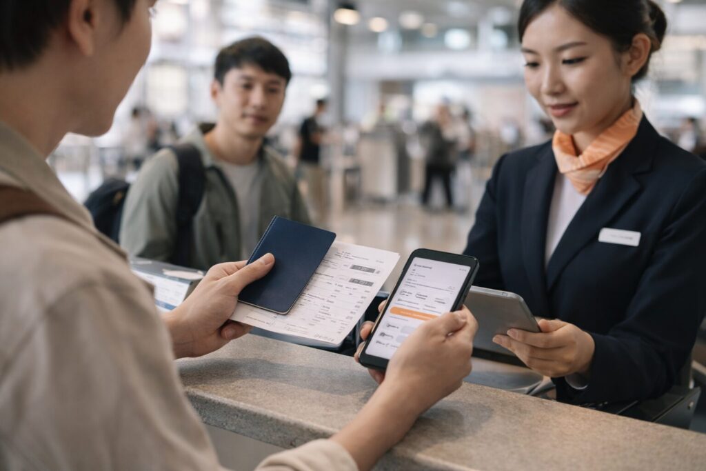 空港チェックインカウンターで、予約者名と搭乗者情報の確認を受けている場面。