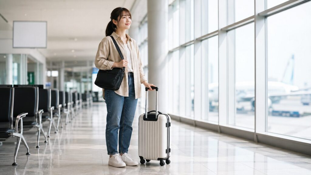 タイガーエアの機内持ち込み用キャリーケースと身の回り品を持つ日本人旅行者