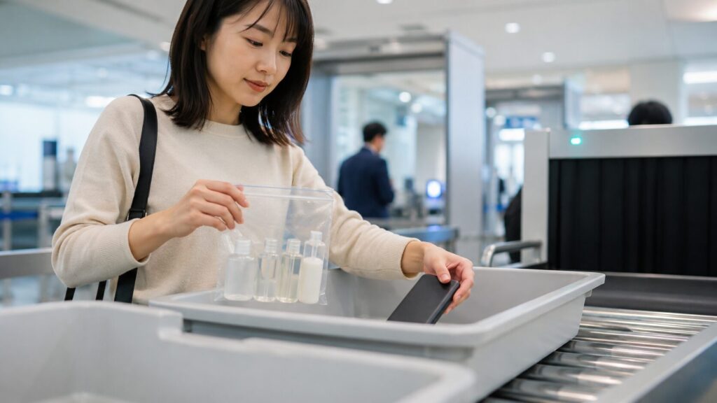 タイガーエア搭乗前の保安検査で液体物とモバイルバッテリーをトレーに出す女性