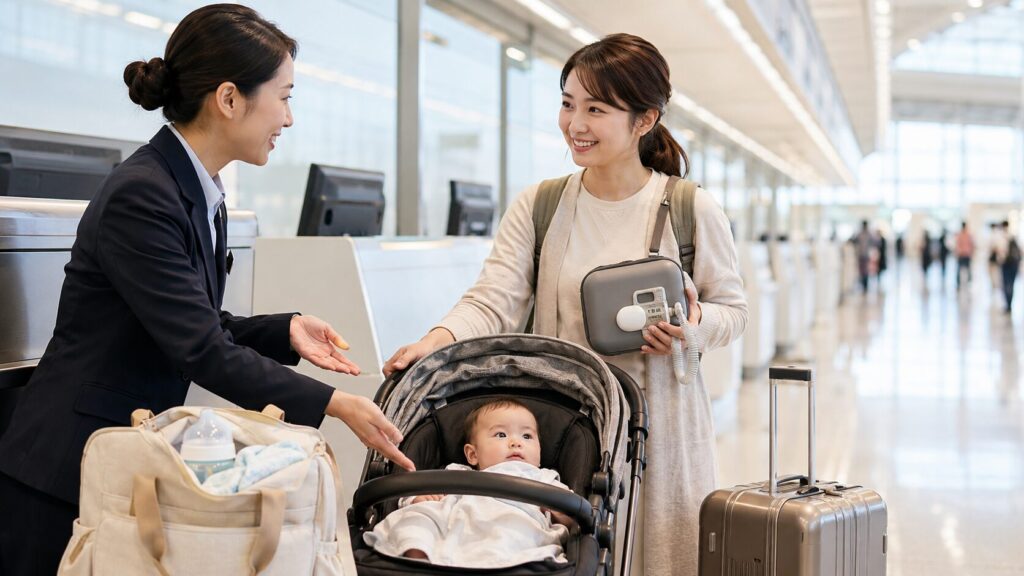 タイガーエア搭乗前にベビー用品と医療機器の取り扱いを空港スタッフへ確認する母親