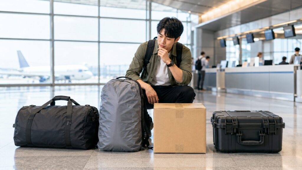 空港で日本人男性がダッフルバッグやリュック、ダンボール、ハードケースなどスーツケース以外の預け荷物を比較する様子