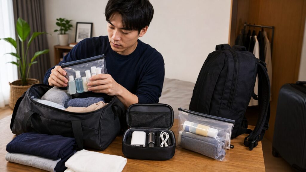 日本人旅行者が預け荷物用のダッフルバッグに液体類を袋で分けて梱包しモバイルバッテリーを別管理する様子