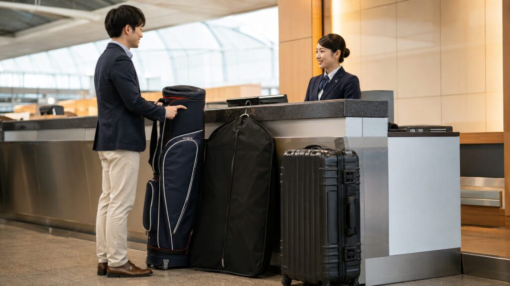 空港カウンターで日本人旅行者がゴルフバッグやガーメントバッグ、ハードケースなど専用ケースを預ける場面
