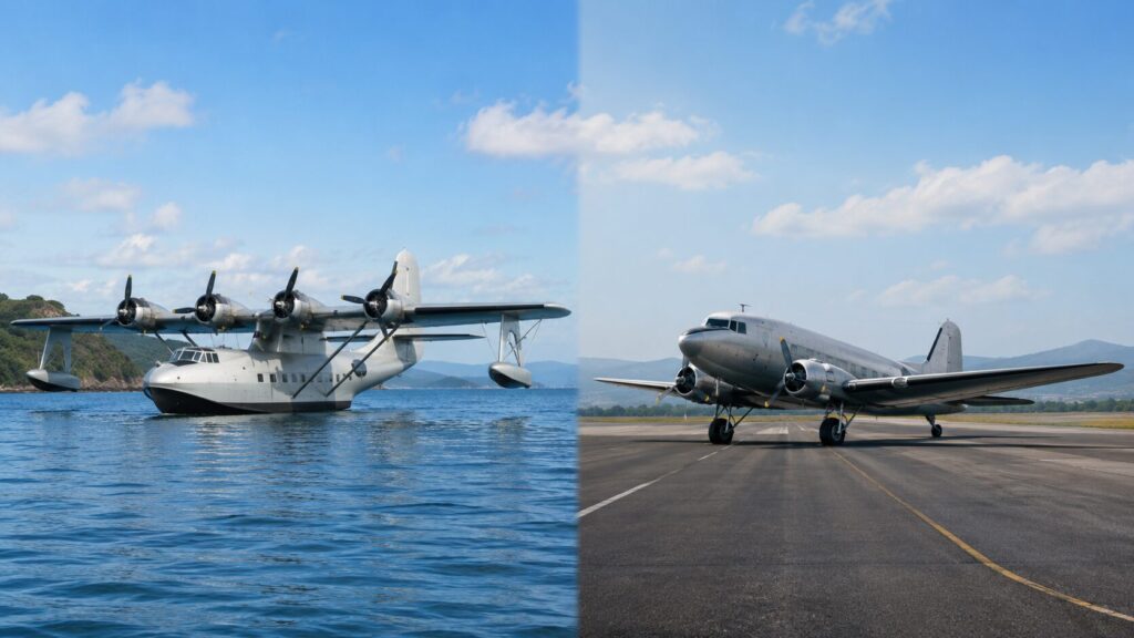 水面に浮かぶ飛行艇と滑走路上の飛行機を比較し、飛行艇と飛行機の違いを示す画像