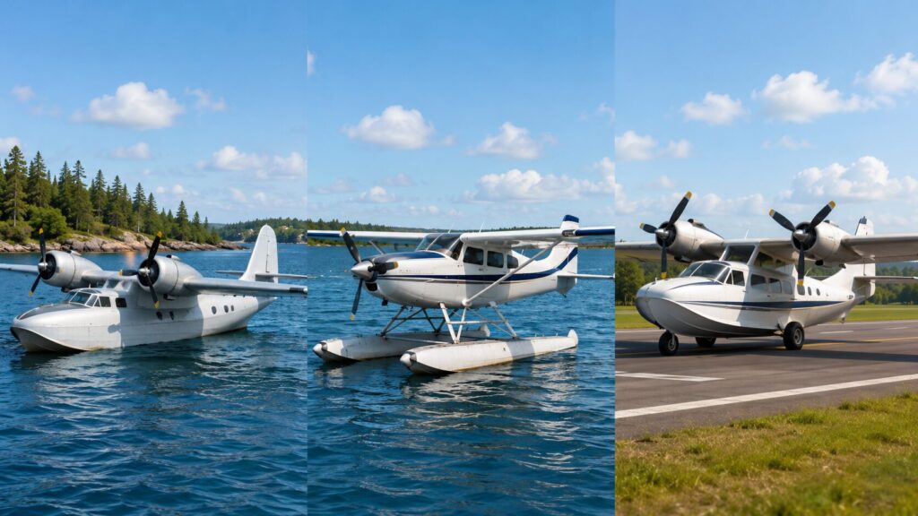 飛行艇、フロート機、水陸両用機を並べて水上機の種類と構造の違いを示す画像