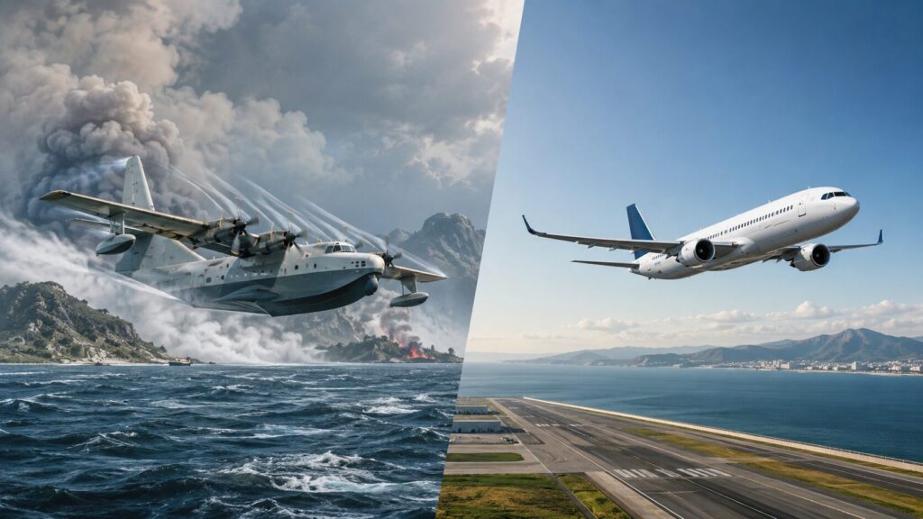 海上で任務を行う飛行艇と効率よく飛ぶ旅客機を対比し、燃費と用途の違いを表した画像