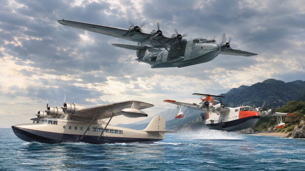 時代ごとの代表的な飛行艇を海上と空中に描いた航空史イメージ