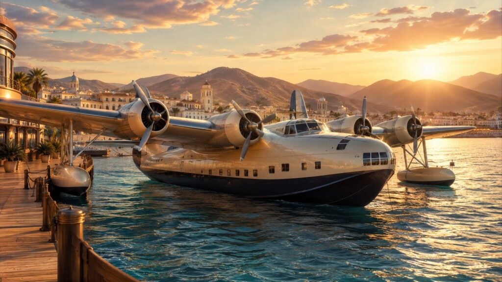 港に停泊するビンテージ飛行艇とflying boatのイメージを示す画像