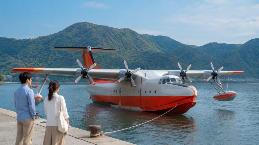 日本の海辺で救難飛行艇を見学する人と機体の特徴がわかる画像