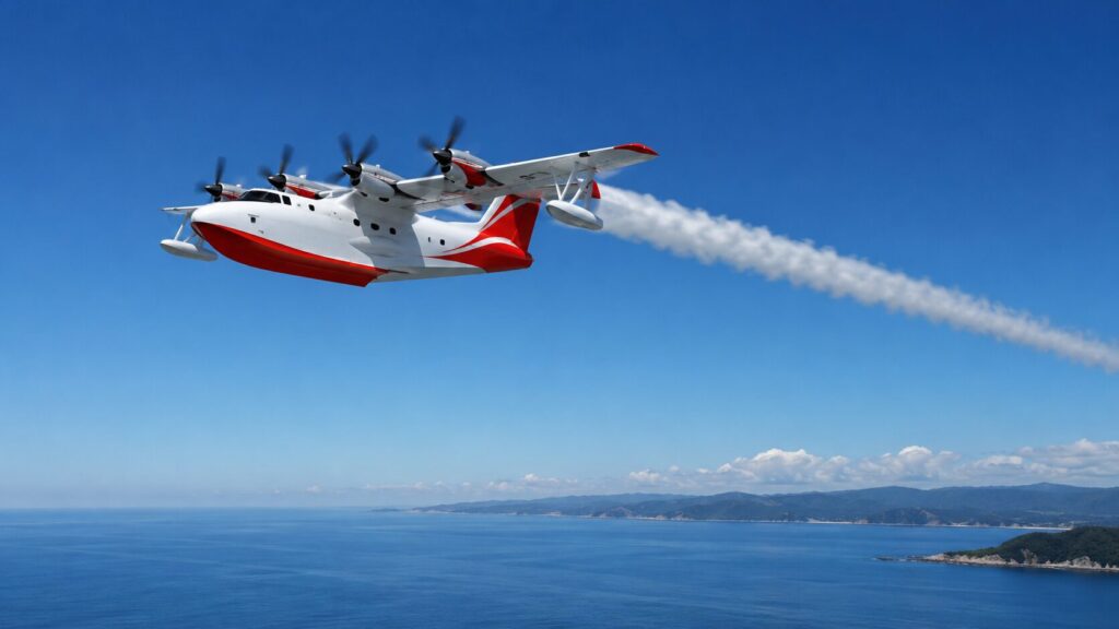 青空と海上を飛ぶ飛行艇が白い雲を引く様子
