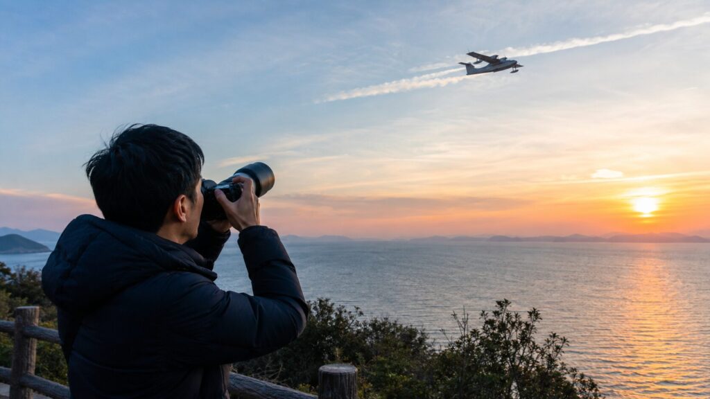 夕方の海辺で飛行艇と飛行機雲を撮影する日本人カメラマン