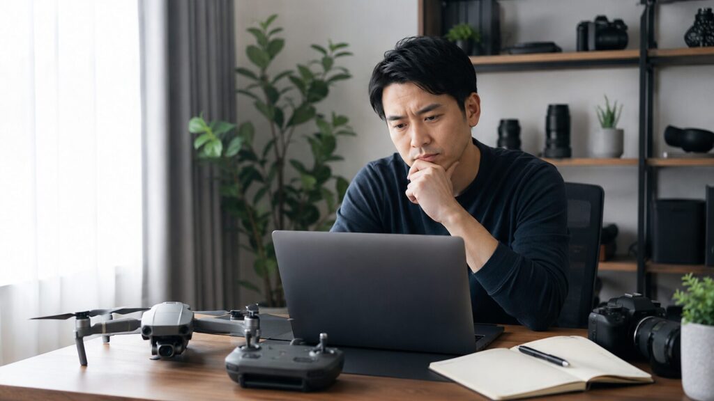 ドローンの仕事がない不安を抱えながら求人を調べる日本人男性