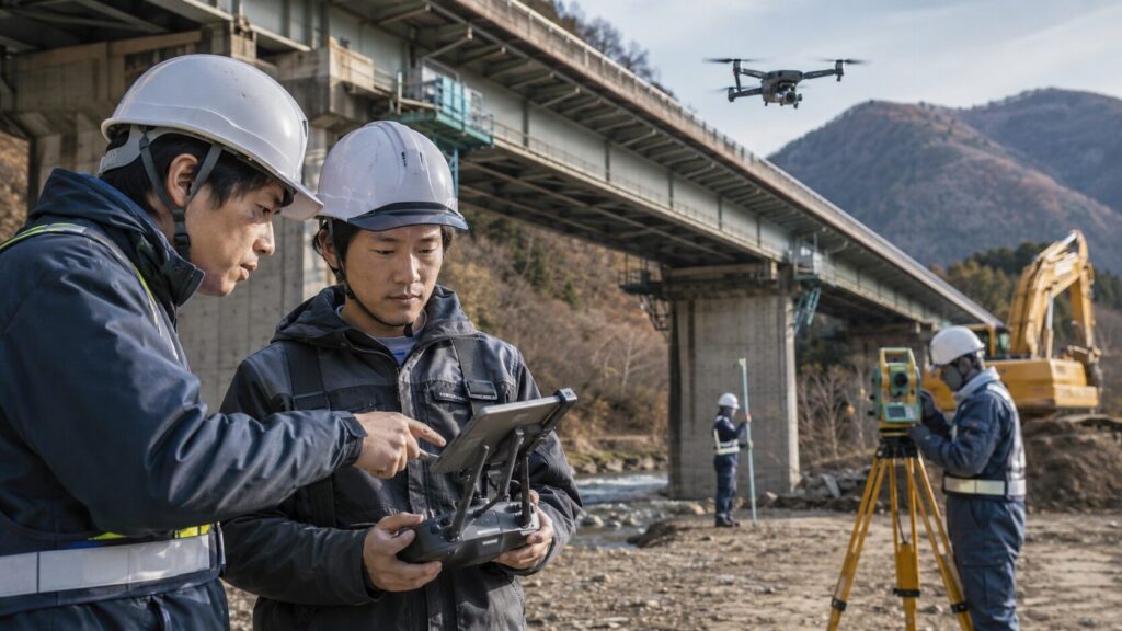 橋梁点検現場でドローンを操作する日本人作業員と測量スタッフ