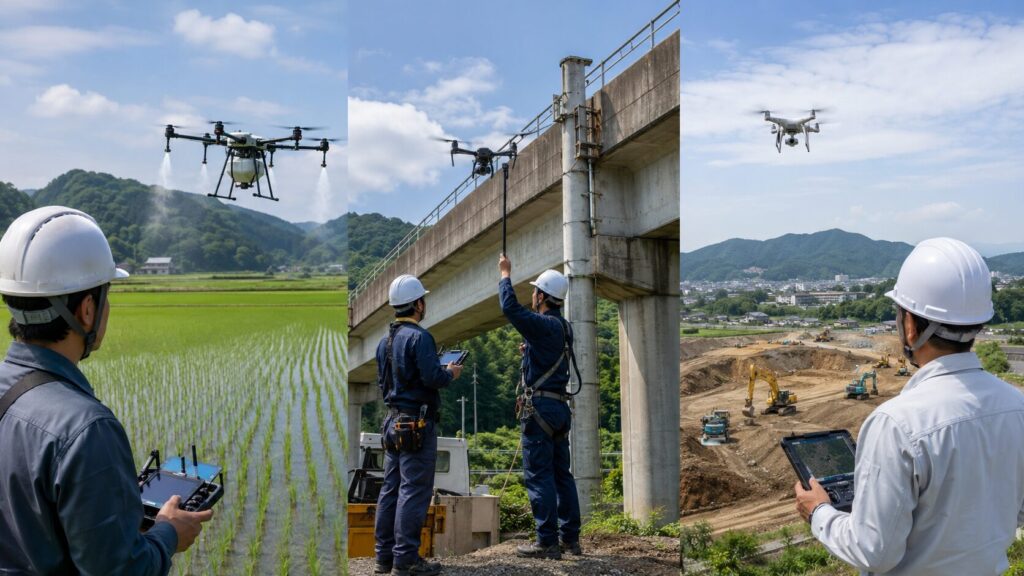 農業散布やインフラ点検や建設測量で活用されるドローン業務