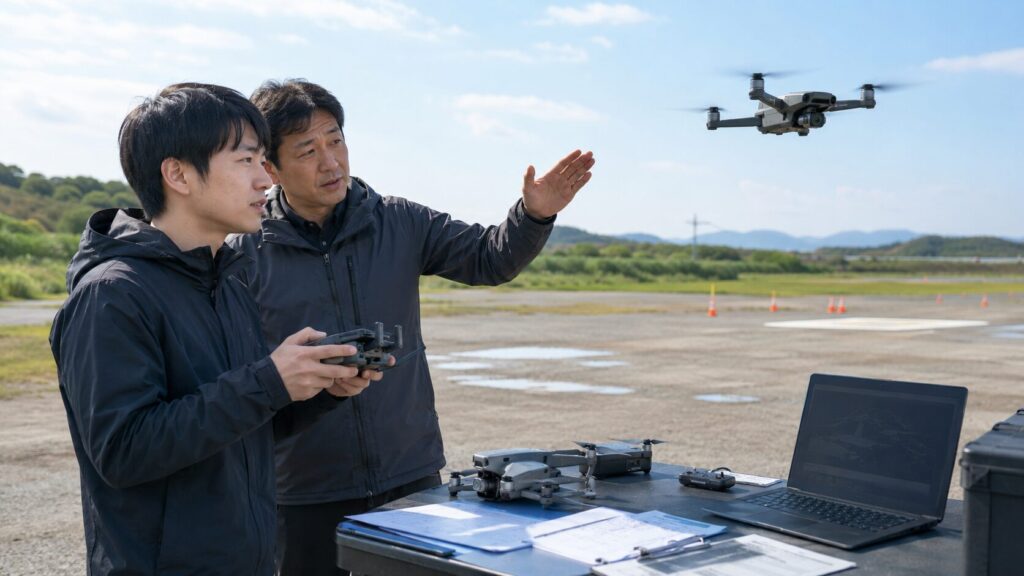 屋外で日本人インストラクターからドローン操縦を学ぶ初心者