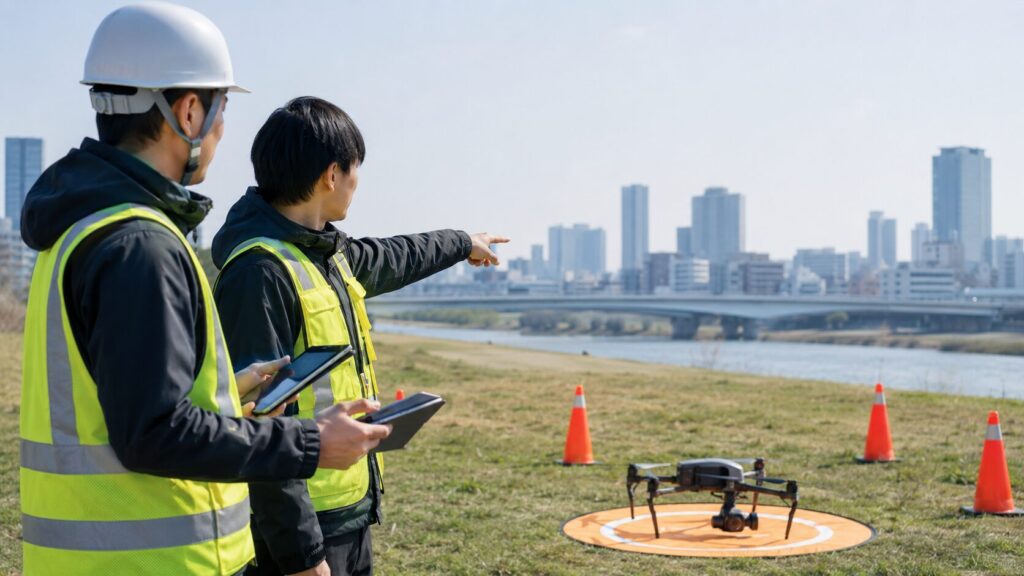 都市部の河川敷で飛行許可と安全確認を行う日本人ドローン操縦者