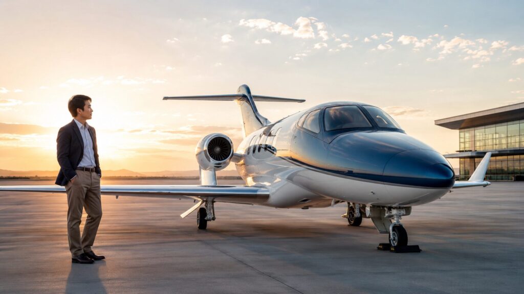 ホンダジェットの価格を検討する日本人男性と空港に駐機する小型ビジネスジェット