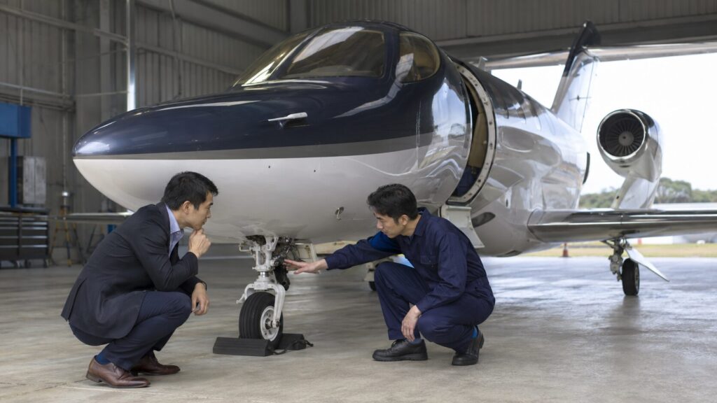 中古ホンダジェットの価格判断に必要な機体検査を行う日本人技術者と購入検討者